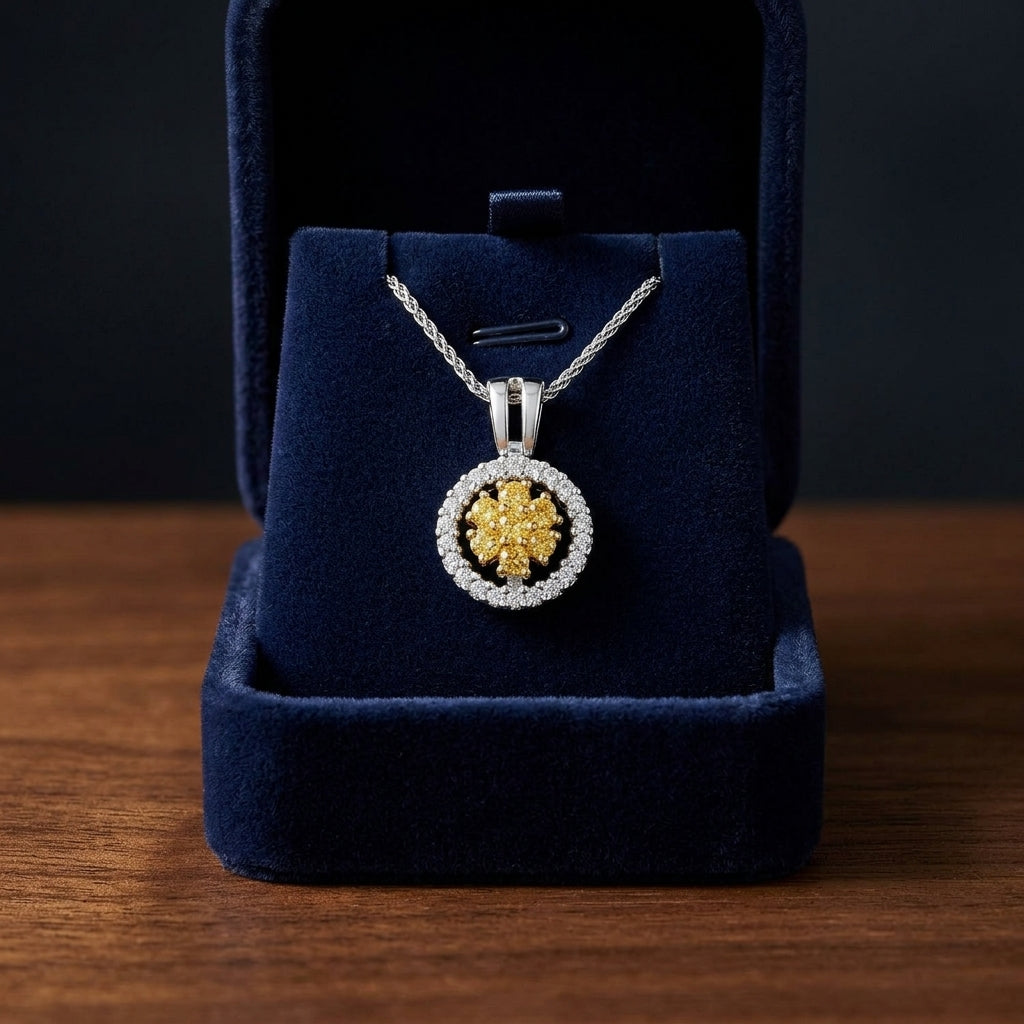 Yellow Sapphire And Diamond Halo Pendant In 14k Two Tone Gold (17-in Wheat Chain) — gift presentation