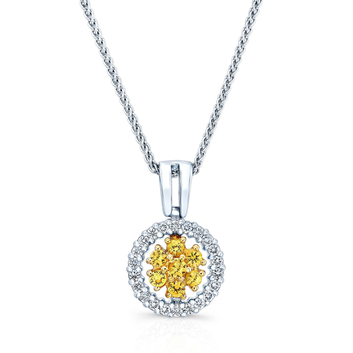 Yellow Sapphire And Diamond Halo Pendant In 14k Two Tone Gold (17-in Wheat Chain)