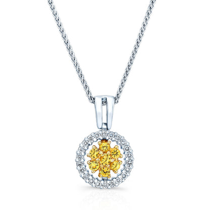 Yellow Sapphire And Diamond Halo Pendant In 14k Two Tone Gold (17-in Wheat Chain)