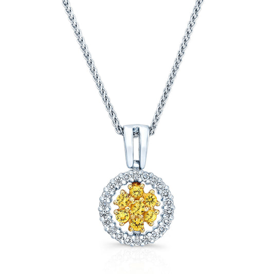 Yellow Sapphire And Diamond Halo Pendant In 14k Two Tone Gold (17-in Wheat Chain)