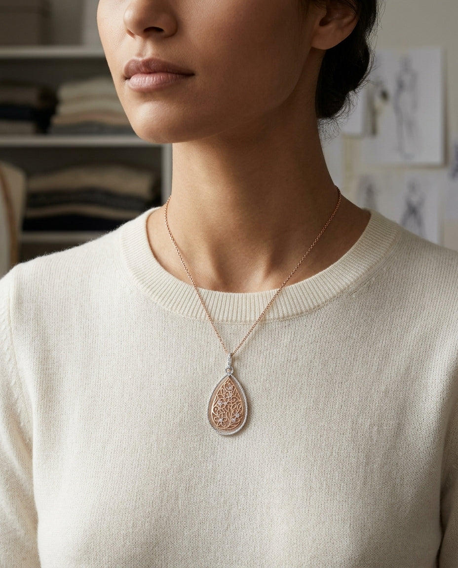 Diamond Two Tone Pear Shaped Pendant In 14k White/rose Gold — editorial close-up