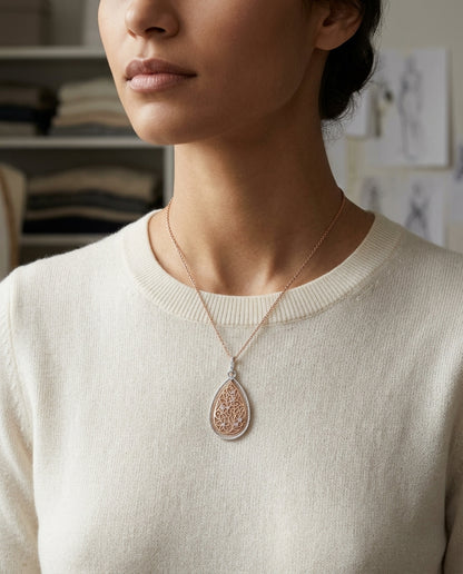Diamond Two Tone Pear Shaped Pendant In 14k White/rose Gold — editorial close-up
