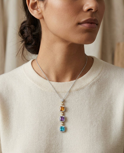 Multi-color Semi-precious And Diamond Dangle Pendant In 14k Two Tone — editorial close-up