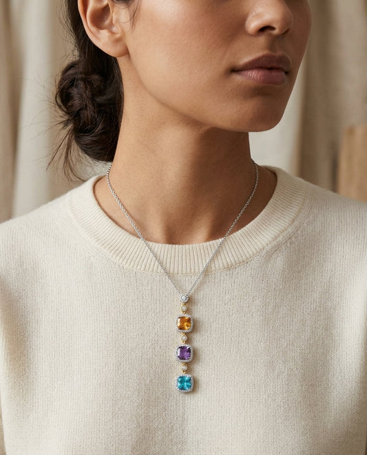 Multi-color Semi-precious And Diamond Dangle Pendant In 14k Two Tone — editorial close-up