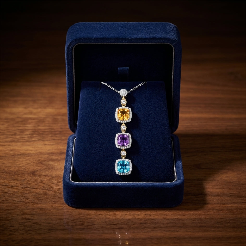 Multi-color Semi-precious And Diamond Dangle Pendant In 14k Two Tone — gift presentation