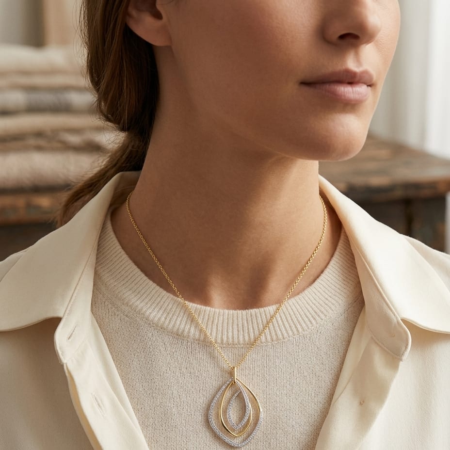 Diamond Overlapping Multi-Loop Two Tone Pendant in 14K Gold 1/3ctw, 16-18 Inch Adjustable Cable Chain in 14K Two Tone Gold | Carl K. Gumpert