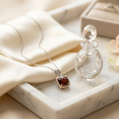 Garnet & Diamond Pendant In14k White & Yellow Gold — marble silk