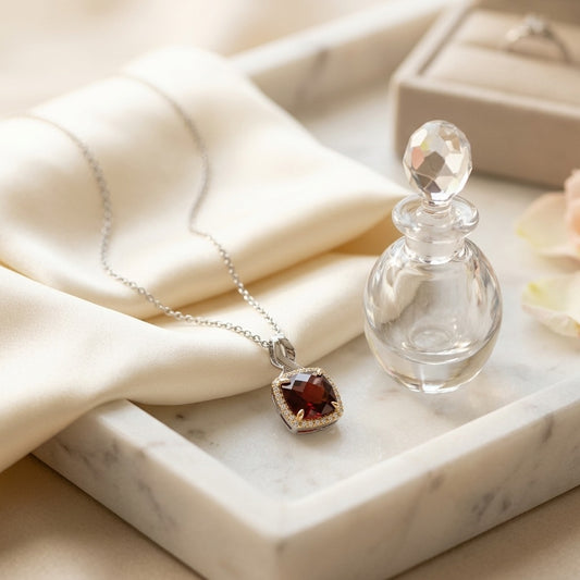 Garnet & Diamond Pendant In14k White & Yellow Gold — marble silk