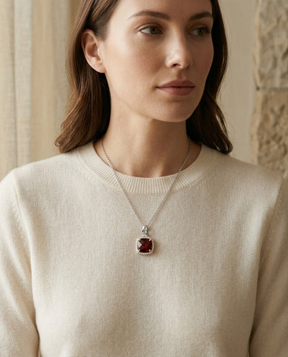 Garnet & Diamond Pendant In14k White & Yellow Gold — portrait close