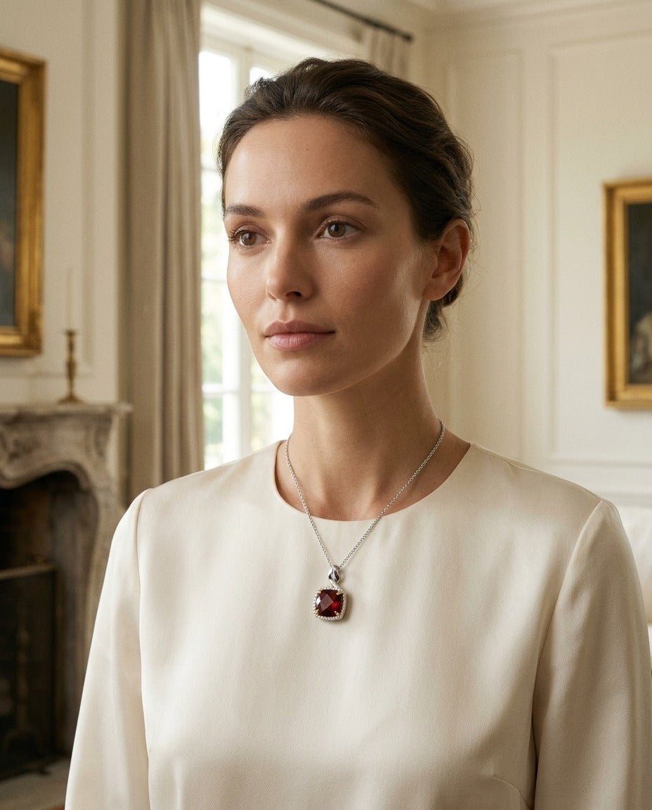 Garnet & Diamond Pendant In14k White & Yellow Gold — portrait full