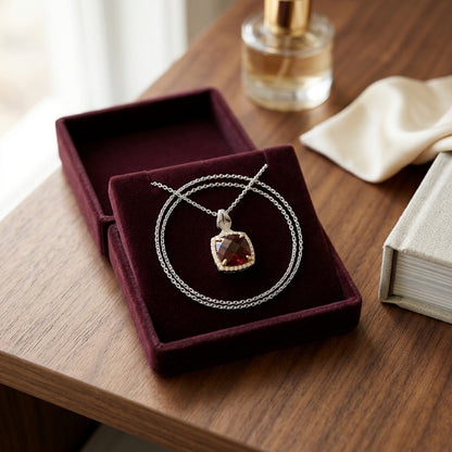 Garnet & Diamond Pendant In14k White & Yellow Gold — velvet box