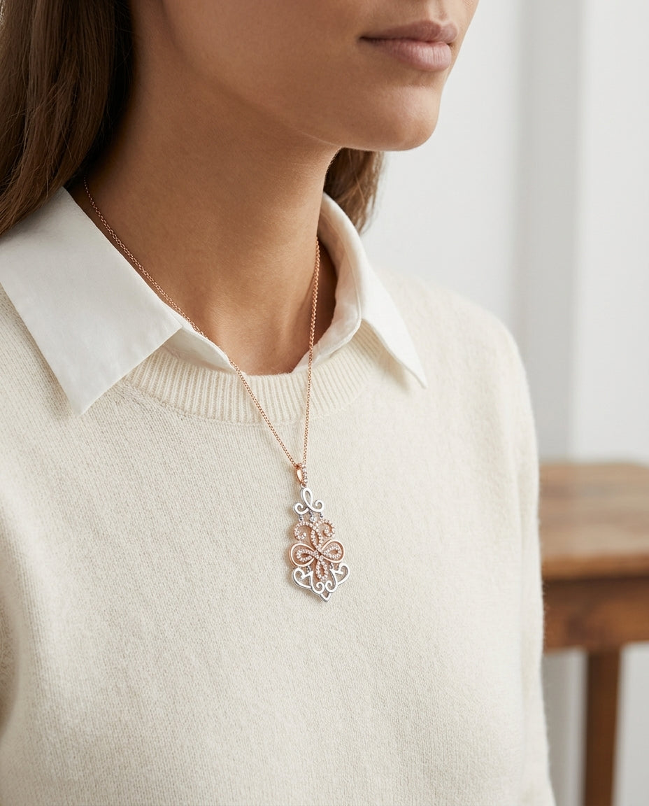 Diamond Filigree Design Pendant In 14k Two Tone Gold (1/2 Ct. Tw.) — editorial close-up