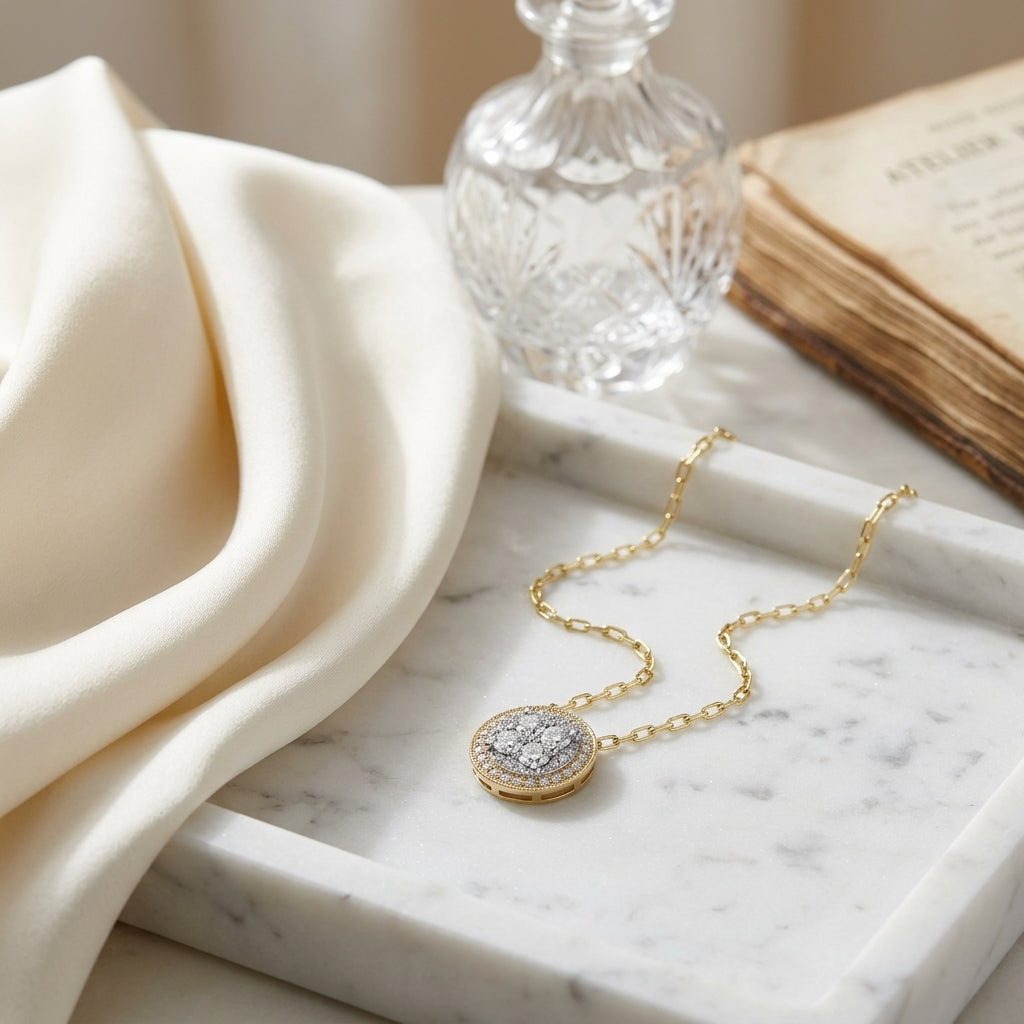 Round Diamond Halo Cluster Pendant In 14k Two Tone Gold (5/8 Ct.tw.) — atelier still life