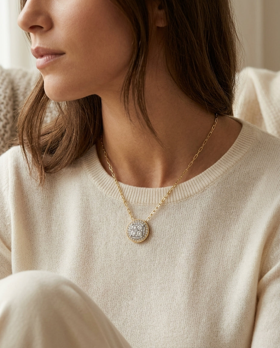 Round Diamond Halo Cluster Pendant In 14k Two Tone Gold (5/8 Ct.tw.) — editorial close-up