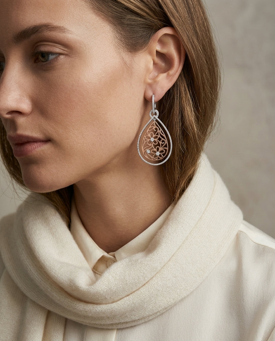 Open Floral Design With Diamond Pave Accents In 14k Two Tone Gold — editorial close-up