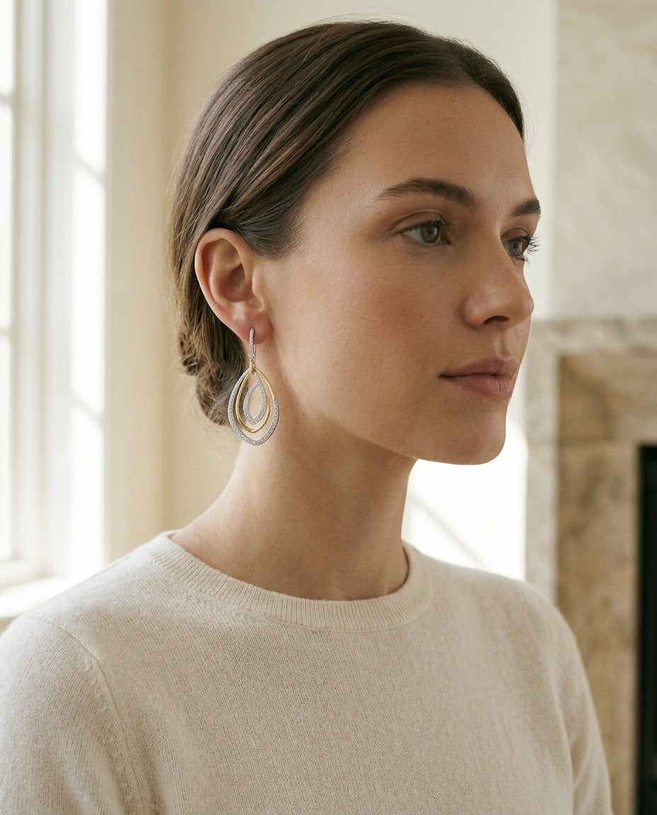 Diamond Overlapping Multi-loop Two Tone Dangle Earrings in 14k Gold 1/2ctw — portrait close