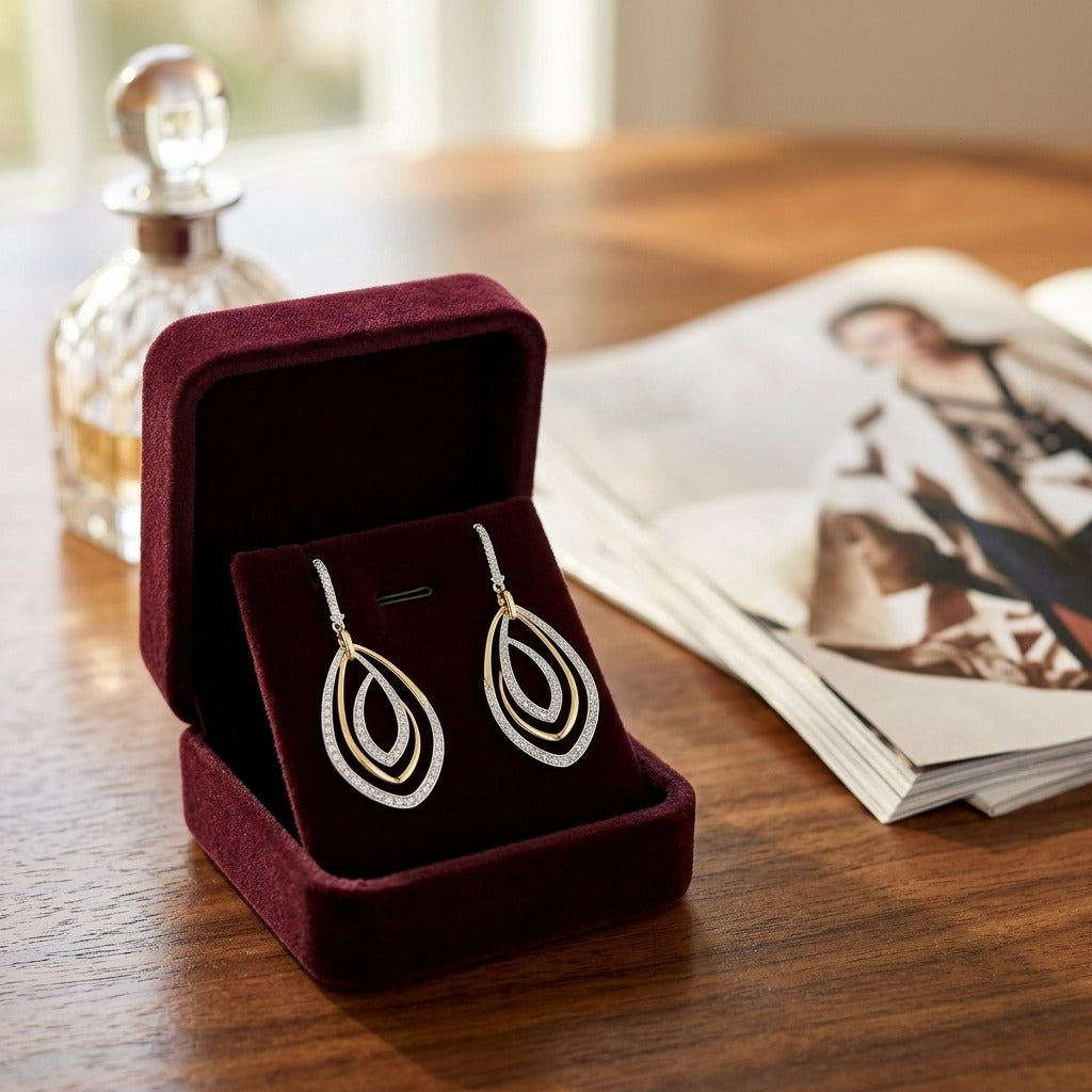 Diamond Overlapping Multi-loop Two Tone Dangle Earrings in 14k Gold 1/2ctw — velvet box