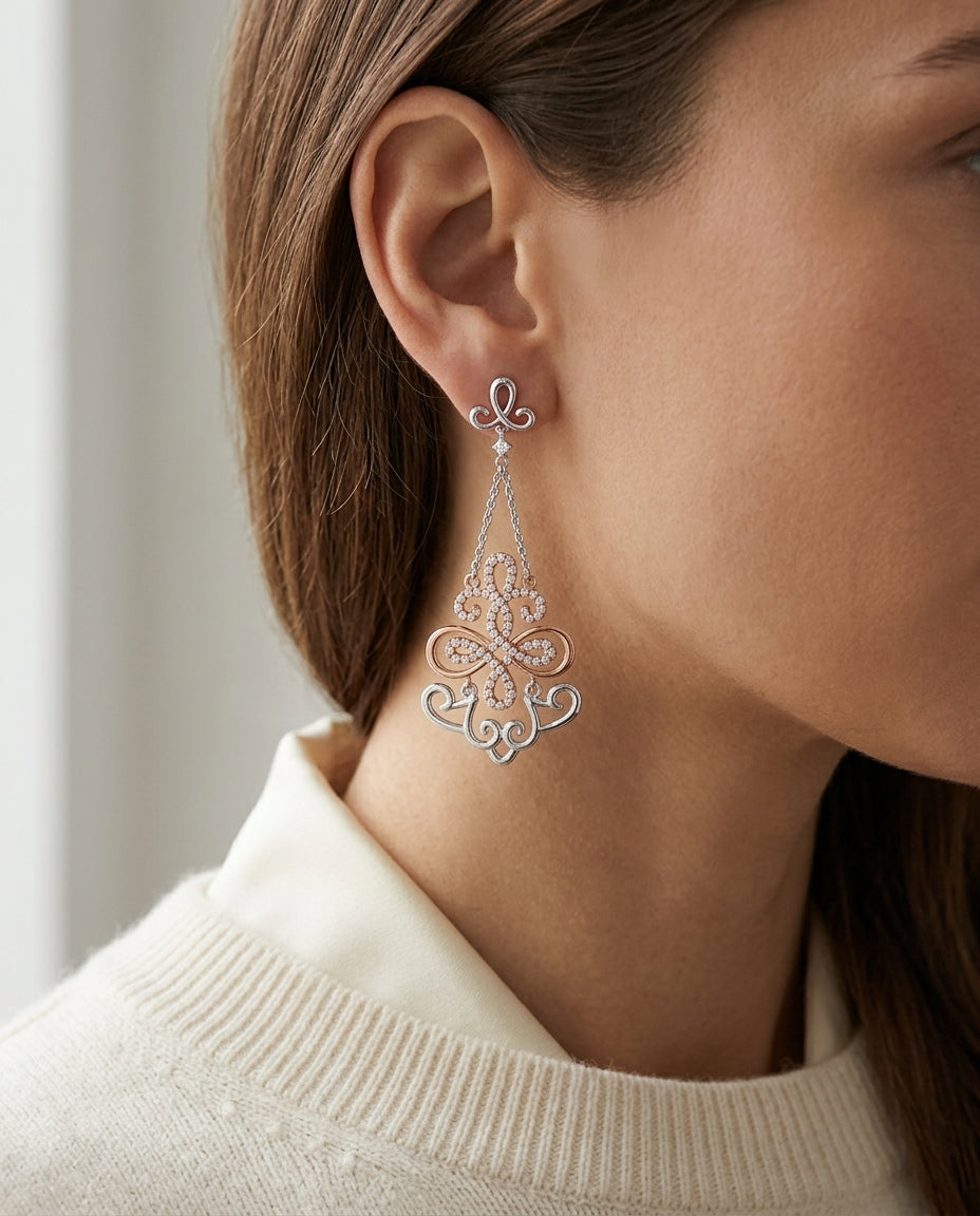 Diamond Filigree Design Earring In 14k Two Tone Gold (1/2 Ct. Tw.) — editorial close-up