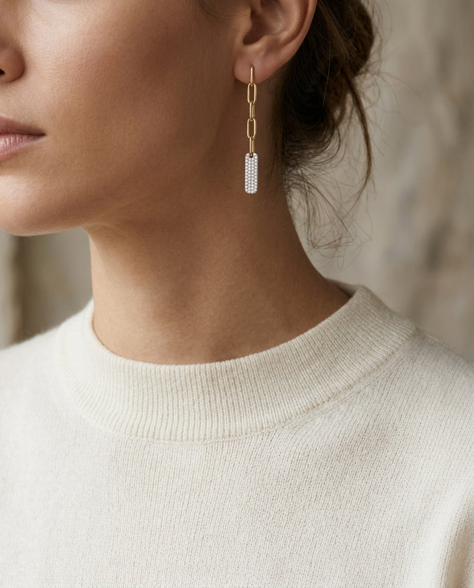 Diamond Dangle Paper Clip Earrings in 14k Two Tone Gold 5/8ctw — editorial close-up