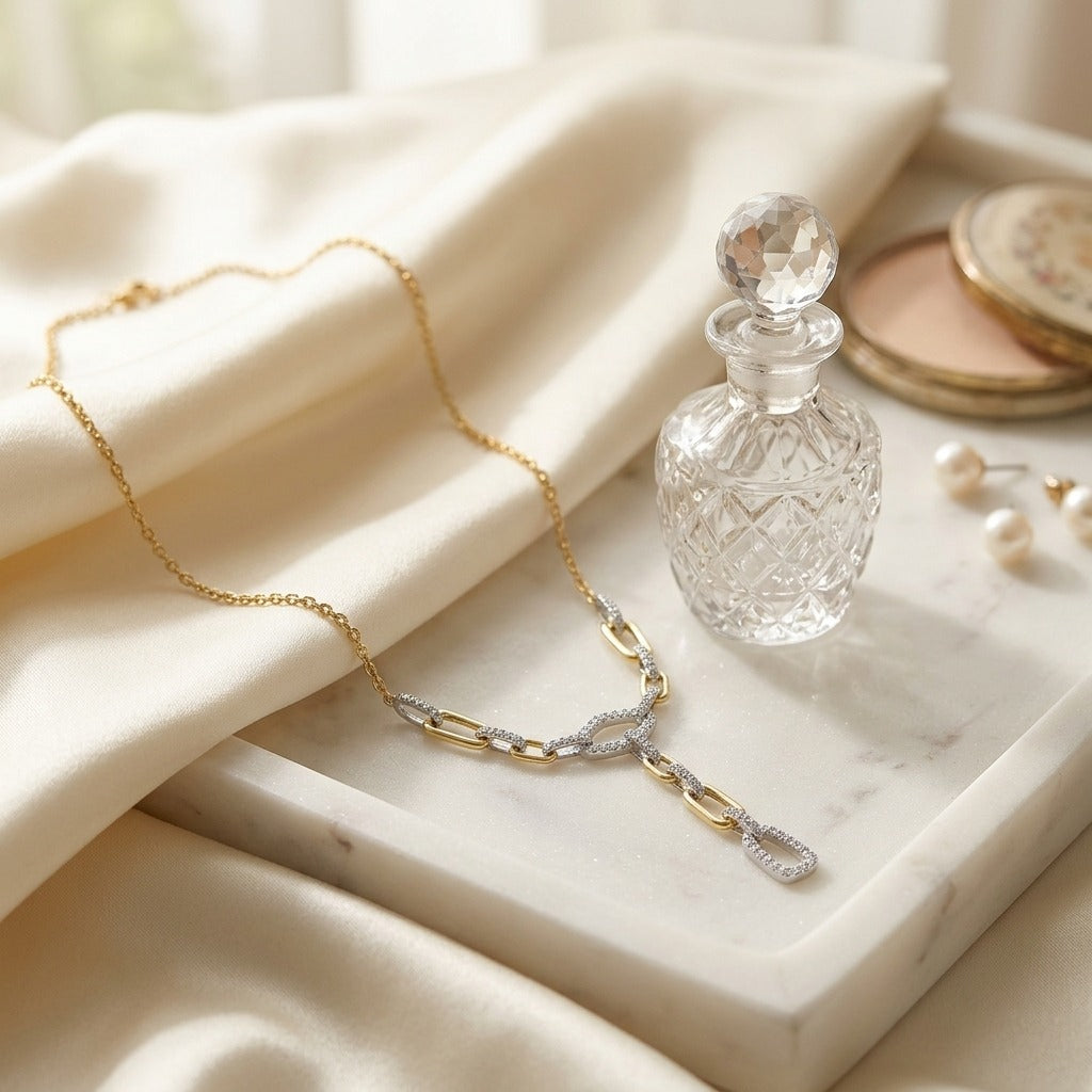 Diamond Graduated Links with Pave and High Polish Finish Y Necklace in 14k White and Yellow Gold — marble silk