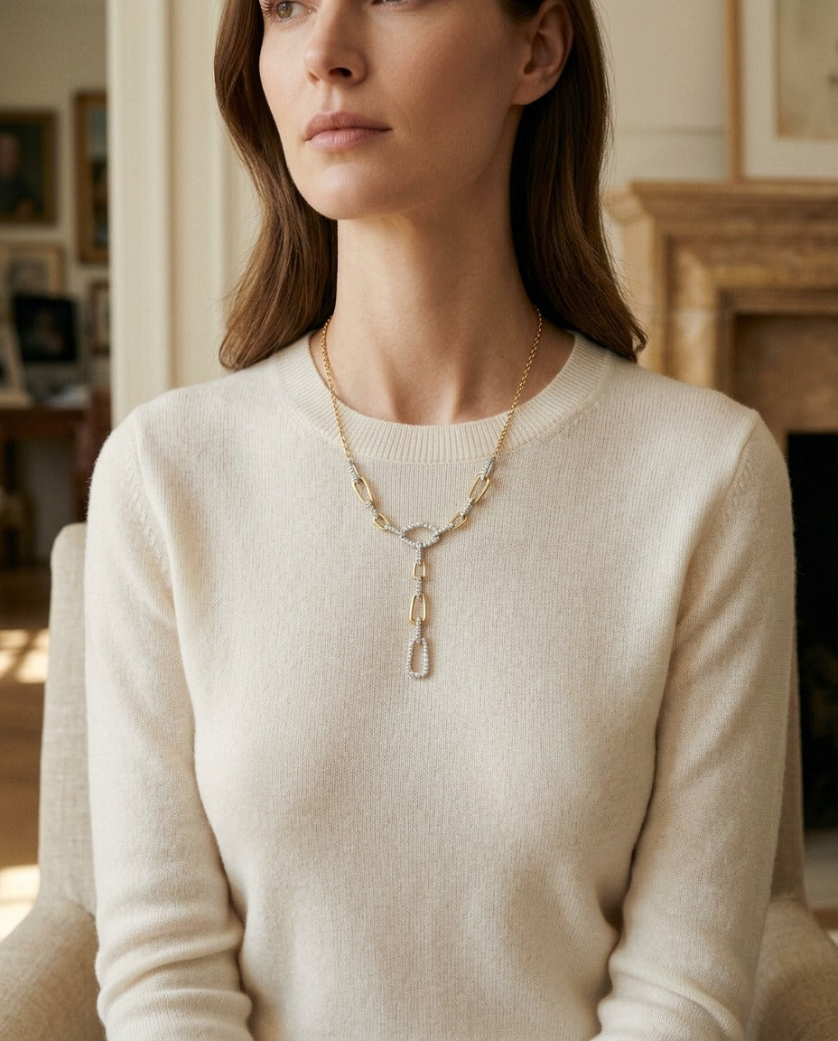 Diamond Graduated Links with Pave and High Polish Finish Y Necklace in 14k White and Yellow Gold — portrait close