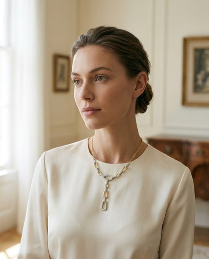 Diamond Graduated Links with Pave and High Polish Finish Y Necklace in 14k White and Yellow Gold — portrait full