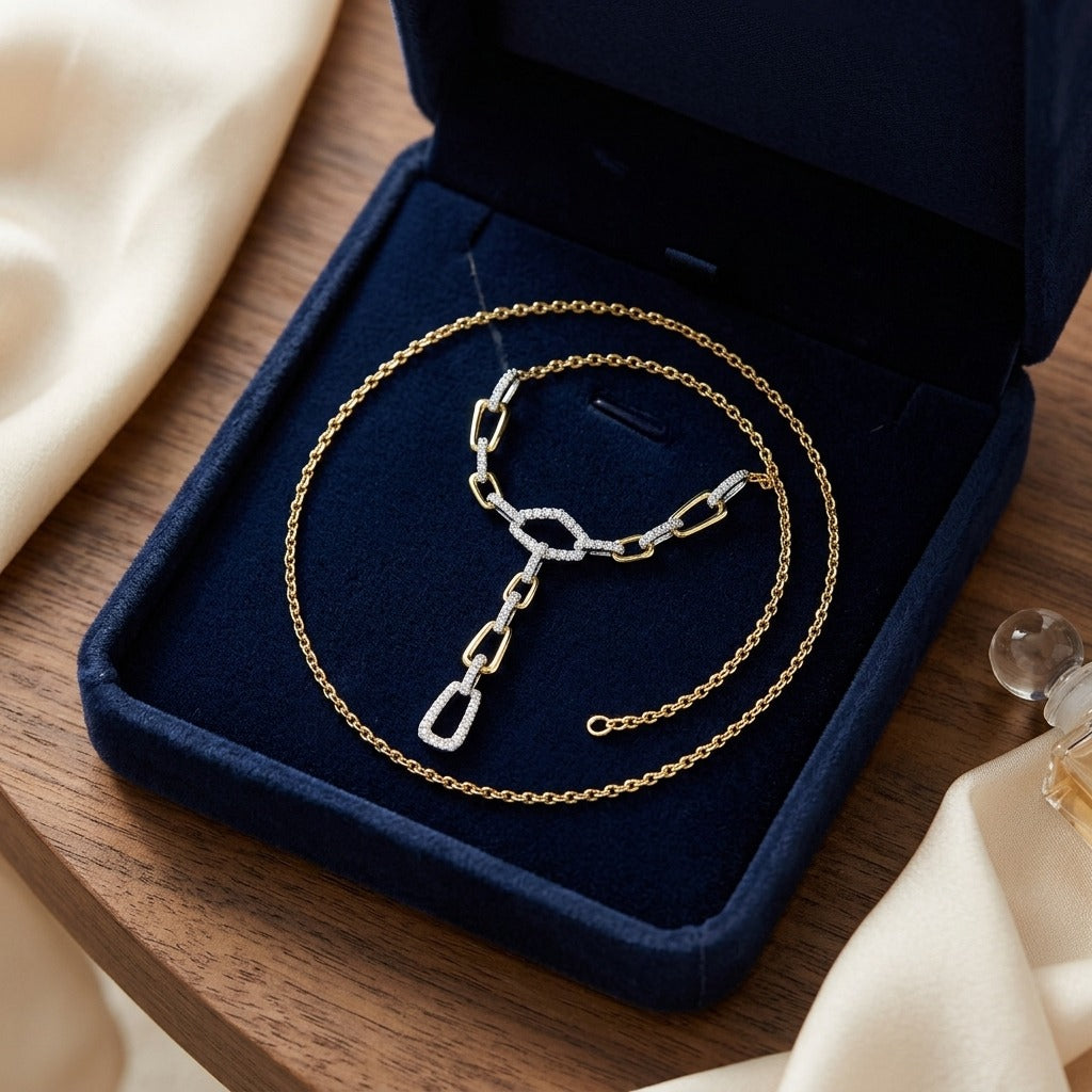 Diamond Graduated Links with Pave and High Polish Finish Y Necklace in 14k White and Yellow Gold — velvet box