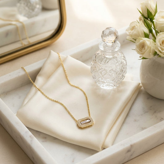 Baguette and Round Diamond East West Paper Clip Necklace in 14k Two Tone Gold 1/3ctw — marble silk