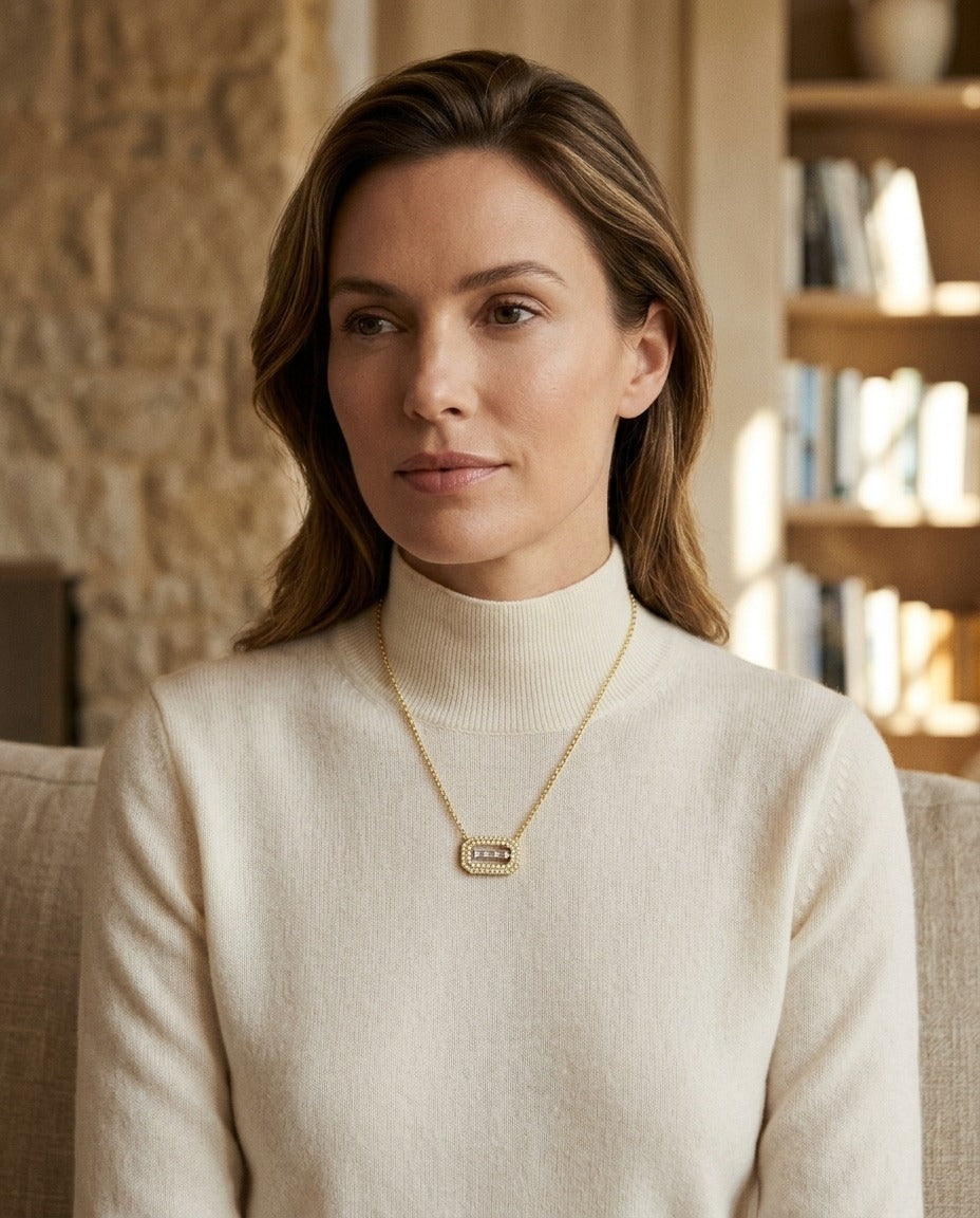 Baguette and Round Diamond East West Paper Clip Necklace in 14k Two Tone Gold 1/3ctw — portrait close