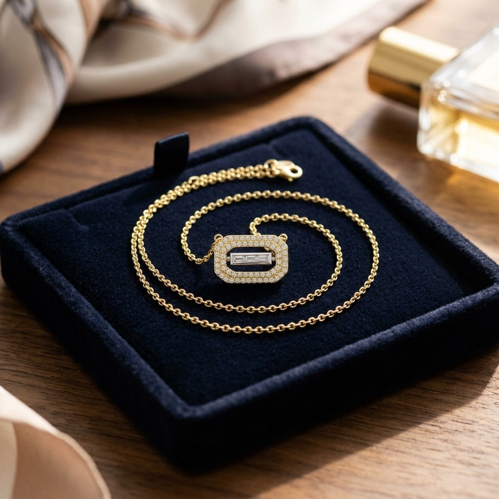 Baguette and Round Diamond East West Paper Clip Necklace in 14k Two Tone Gold 1/3ctw — velvet box