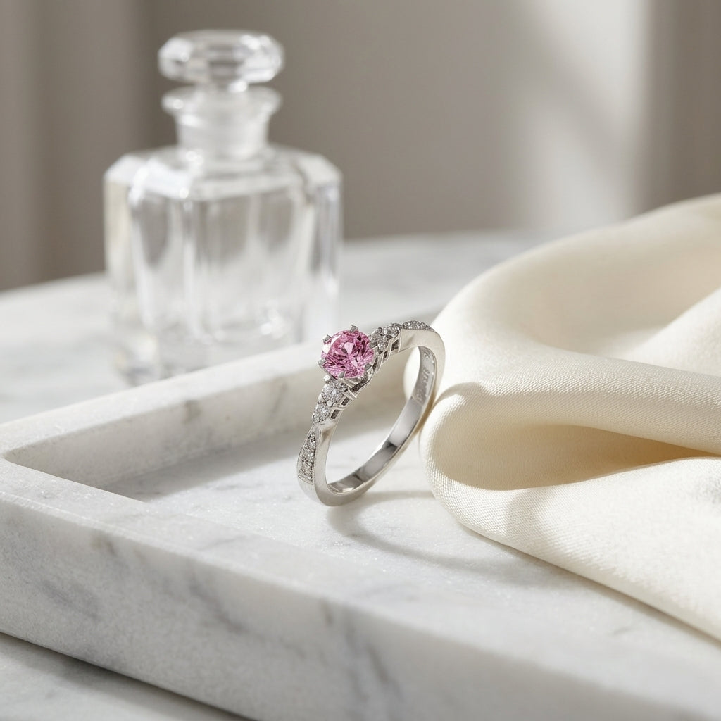 Diamond And Pink Sapphire Engagement Ring In 14k White Gold — atelier still life