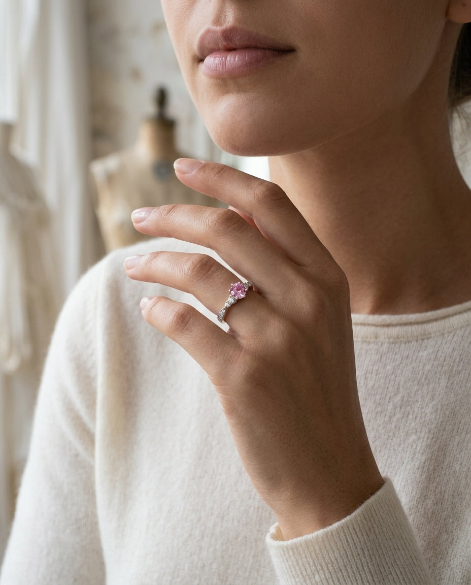 Diamond And Pink Sapphire Engagement Ring In 14k White Gold — editorial close-up