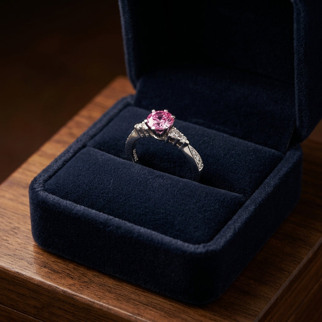 Diamond And Pink Sapphire Engagement Ring In 14k White Gold — gift presentation