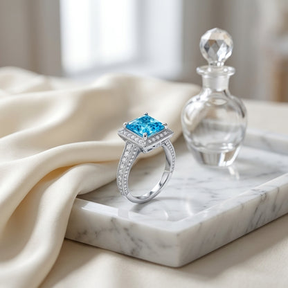 Swiss Blue Topaz And Diamond Square Halo Ring In 14k White Gold — atelier still life