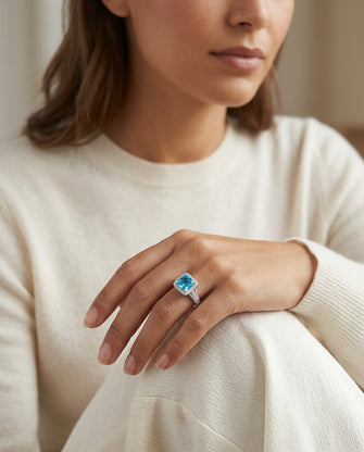 Swiss Blue Topaz And Diamond Square Halo Ring In 14k White Gold — editorial close-up