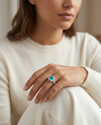 Swiss Blue Topaz And Diamond Square Halo Ring In 14k White Gold — editorial close-up