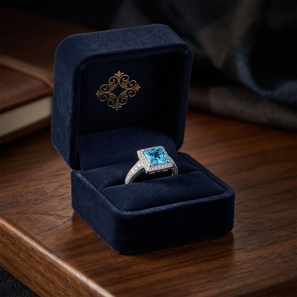 Swiss Blue Topaz And Diamond Square Halo Ring In 14k White Gold — gift presentation