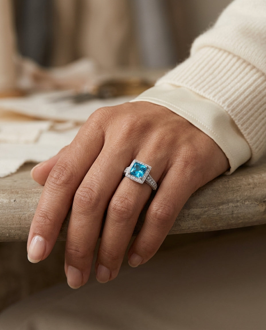 Swiss Blue Topaz And Diamond Ring In 14k White Gold — editorial close-up