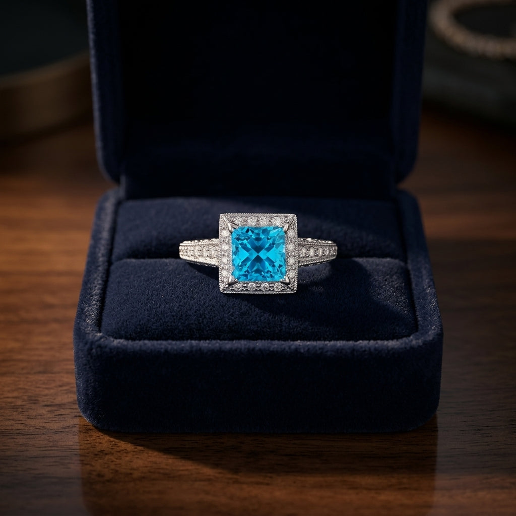 Swiss Blue Topaz And Diamond Ring In 14k White Gold — gift presentation