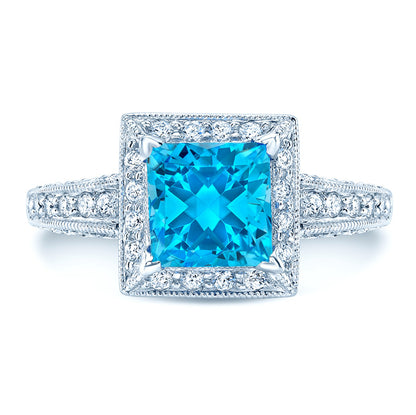 Swiss Blue Topaz And Diamond Square Halo Ring In 14k White Gold