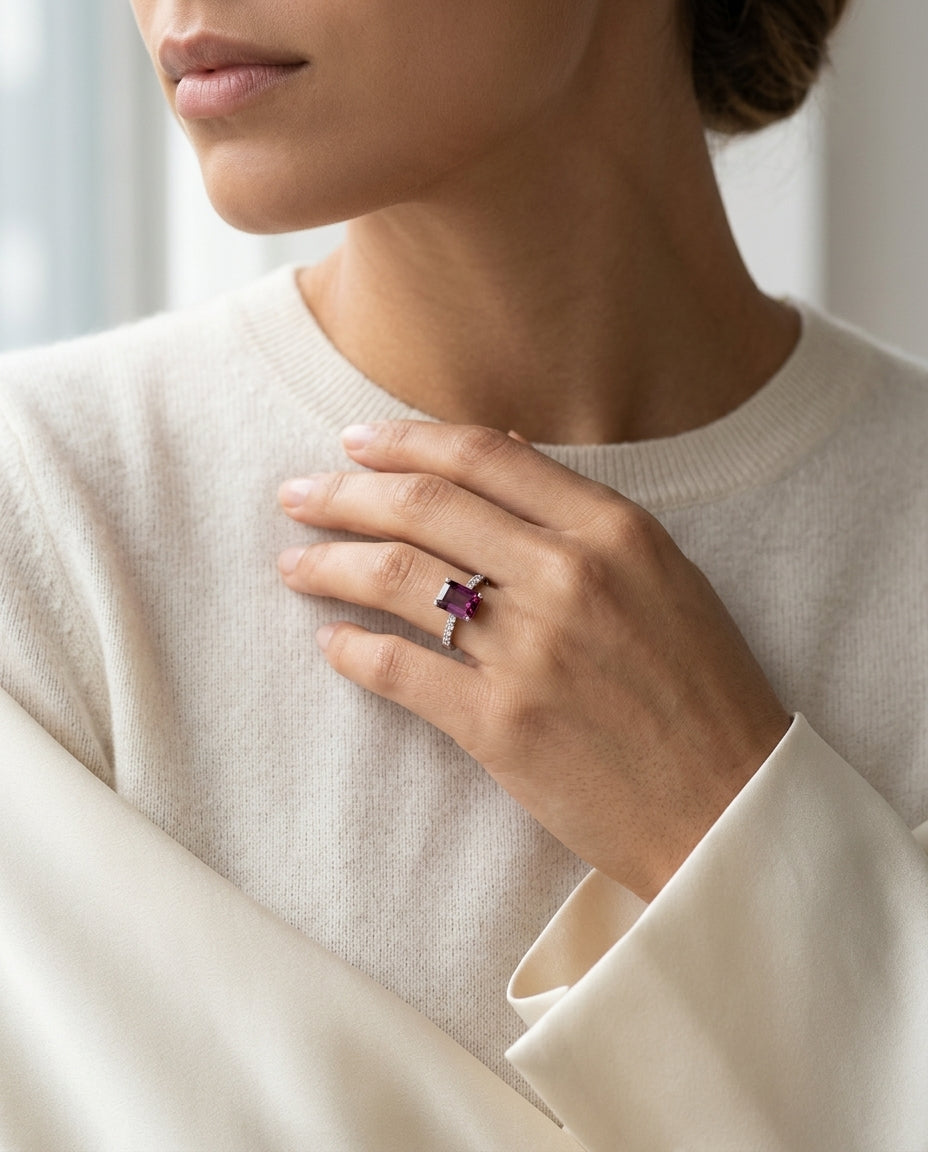 Ruby Emerald Cut And Diamond Ring 14k White Gold — editorial close-up