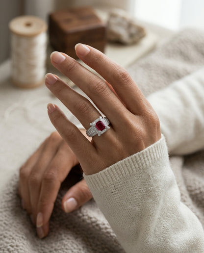 Ruby And Diamond Emerald Cut Ring In 14k White Gold (0.95ctw) — editorial close-up