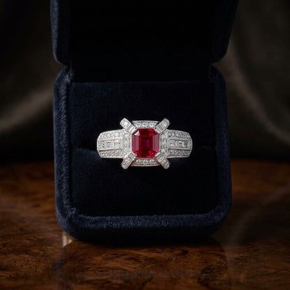 Ruby And Diamond Emerald Cut Ring In 14k White Gold (0.95ctw) — gift presentation
