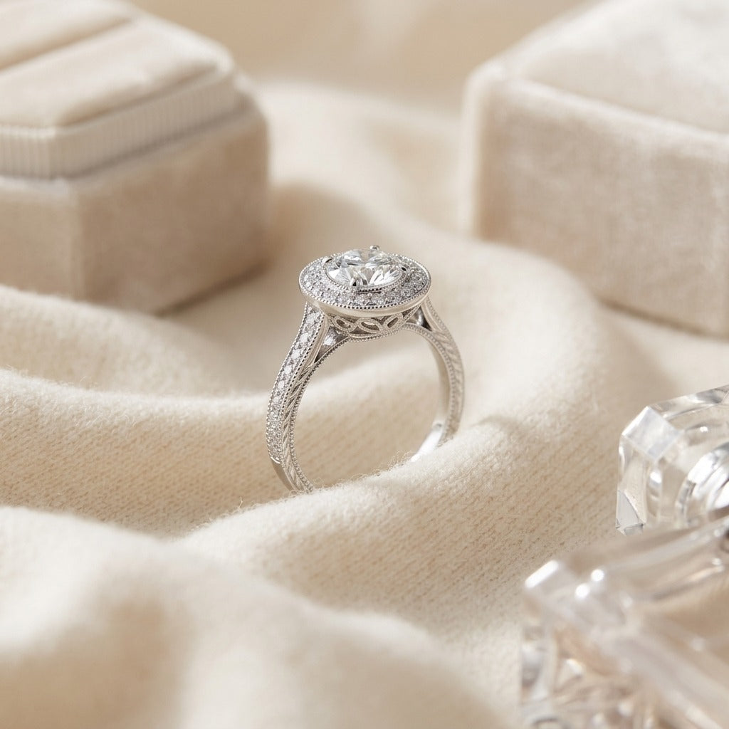 Diamond Pave Halo Ring in 14k White Gold (1 3/4 Ct.tw.) - Si — textile flat lay