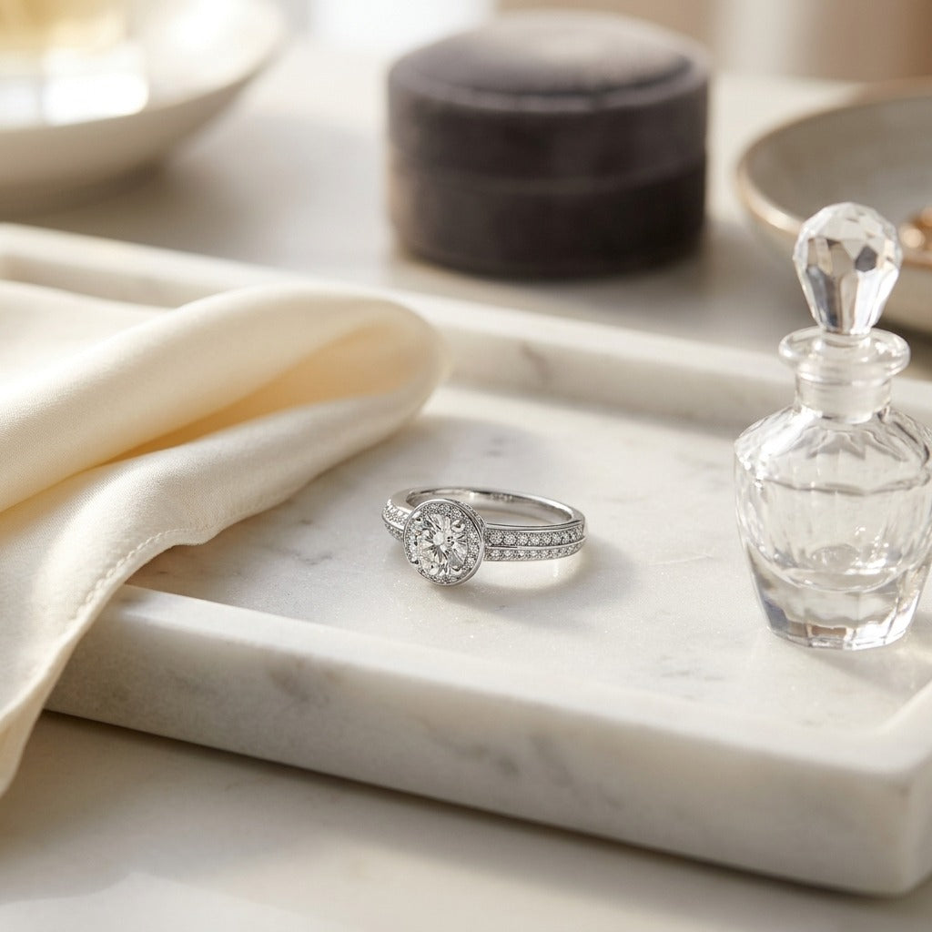Round Diamond Halo Engagement Ring In 14K White Gold — marble silk