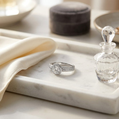 Round Diamond Halo Engagement Ring In 14K White Gold — marble silk