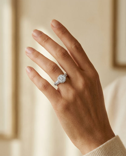 Round Diamond Halo Engagement Ring In 14K White Gold — portrait close