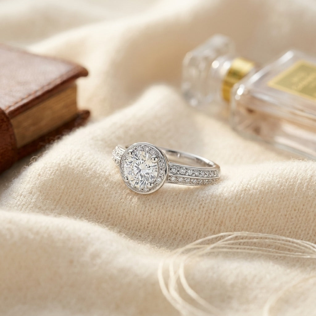 Round Diamond Halo Engagement Ring In 14K White Gold — textile flat lay