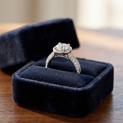 Round Diamond Halo Engagement Ring In 14K White Gold — velvet box