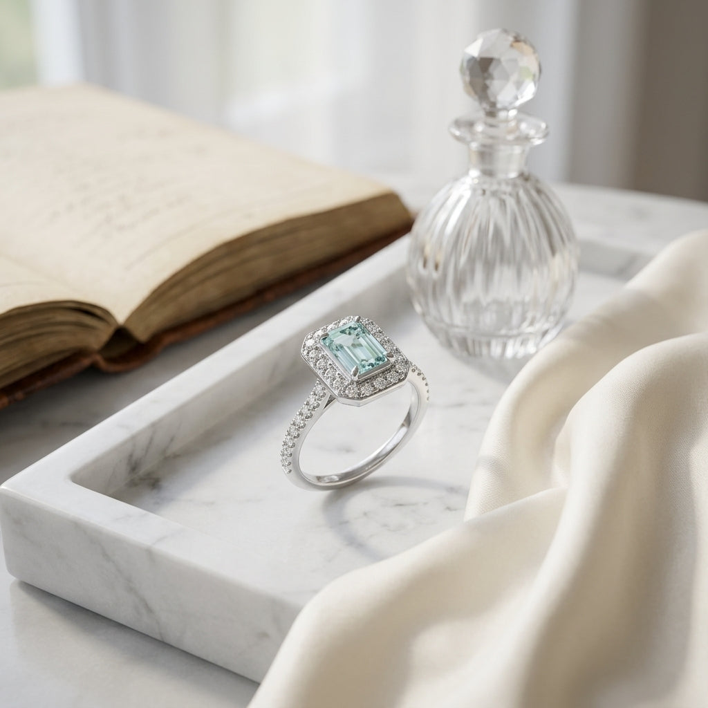 Aquamarine And Diamond Ring In 14k White Gold ( 7 X 5 ) — atelier still life